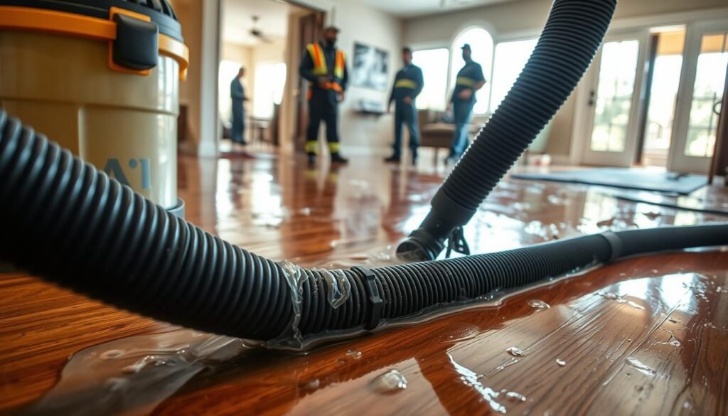 A close-up view of the Water Damage Pros water extraction process in San Bernardino. The foreground shows a high-powered industrial wet/dry vacuum hose carefully suctioning water from a flooded hardwood floor. The middle ground reveals technicians in protective gear monitoring the extraction process. The background depicts the damaged interior of a residential home, with sunlight streaming through windows and highlighting the extent of the water damage. The scene conveys a sense of urgency and professionalism in addressing the water intrusion, reflecting the expertise of Water Damage Pros in mitigating such emergencies.