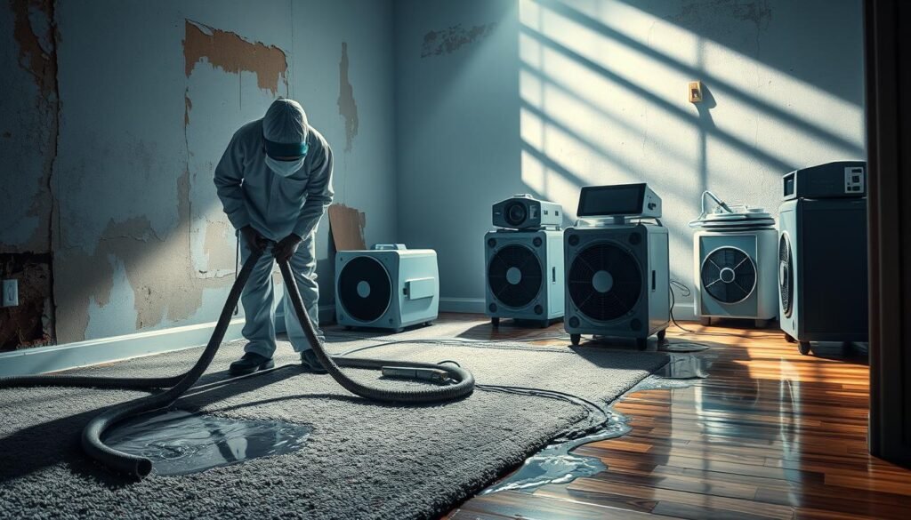 A detailed, hyper-realistic image of the water mitigation process being carried out by the "Water Damage Pros" team. In the foreground, a professional technician in protective gear uses specialized equipment to extract water from a saturated carpet. In the middle ground, advanced drying fans and dehumidifiers operate, working to restore the affected area. The background showcases the damaged room, with water-stained walls and a partially submerged hardwood floor. Dramatic, directional lighting casts long shadows, emphasizing the scope of the water damage and the importance of the mitigation efforts. The overall scene conveys a sense of urgency and expertise in addressing the critical issue of water intrusion.