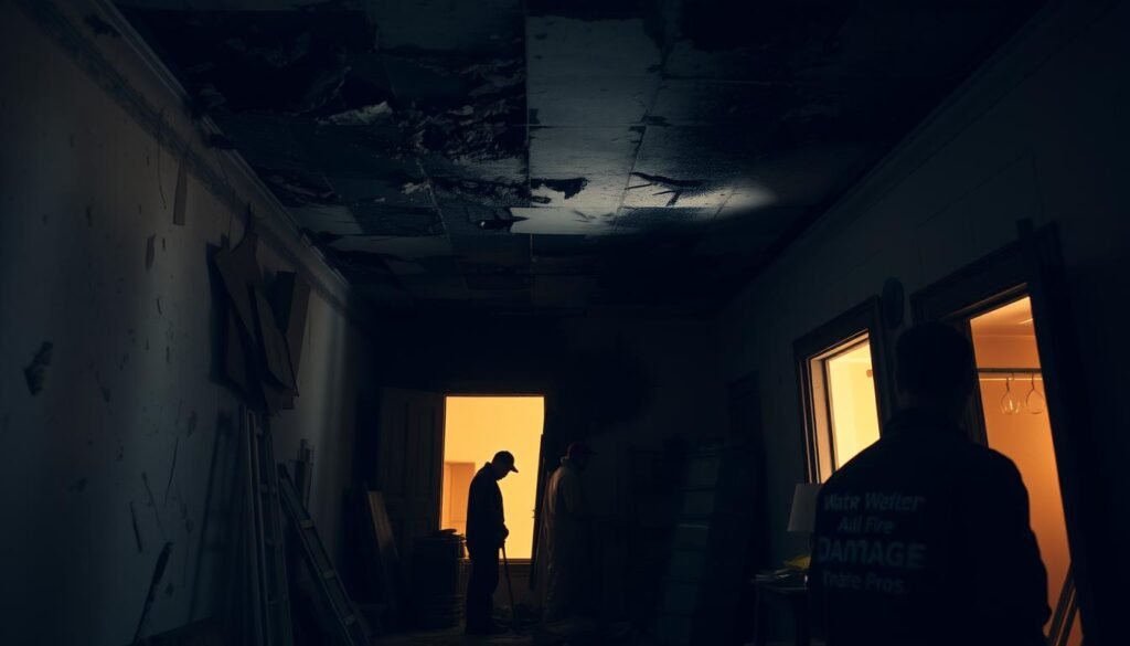 A dimly lit interior space, the aftermath of a fire ravages the walls and ceiling. Charred debris and soot-stained surfaces create a somber atmosphere. In the foreground, a team from Water Damage Pros meticulously assesses the damage, their protective gear and tools at the ready. The middle ground showcases the restoration process, with workers carefully cleaning and repairing the damaged areas. The background fades into a warm, diffused light, hinting at the eventual transformation. Subtle textures, realistic shadows, and a sense of controlled chaos convey the gravity of the fire damage and the importance of professional fire damage restoration.