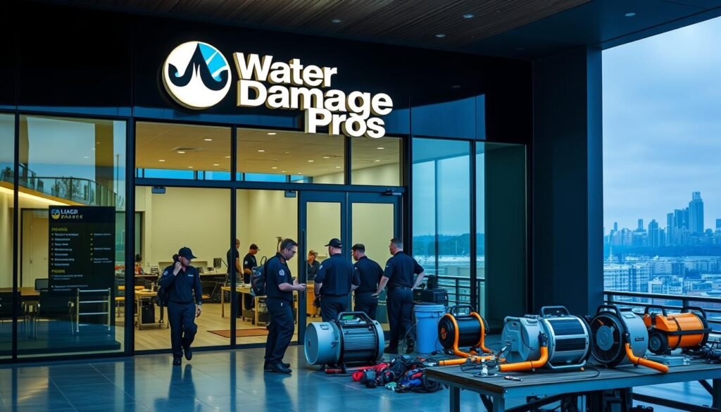A sleek, modern office building with the "Water Damage Pros" logo prominently displayed on the façade. The entrance is flanked by large glass windows, allowing natural light to flood the interior. In the foreground, a group of technicians in uniform are visible, carrying equipment and discussing their restoration process. The middle ground showcases a selection of tools and machines used for water damage remediation, arranged neatly on a workbench. The background depicts a cityscape, hinting at the company's wide-ranging services. The overall scene conveys a sense of professionalism, efficiency, and a commitment to providing top-quality water damage restoration solutions.
