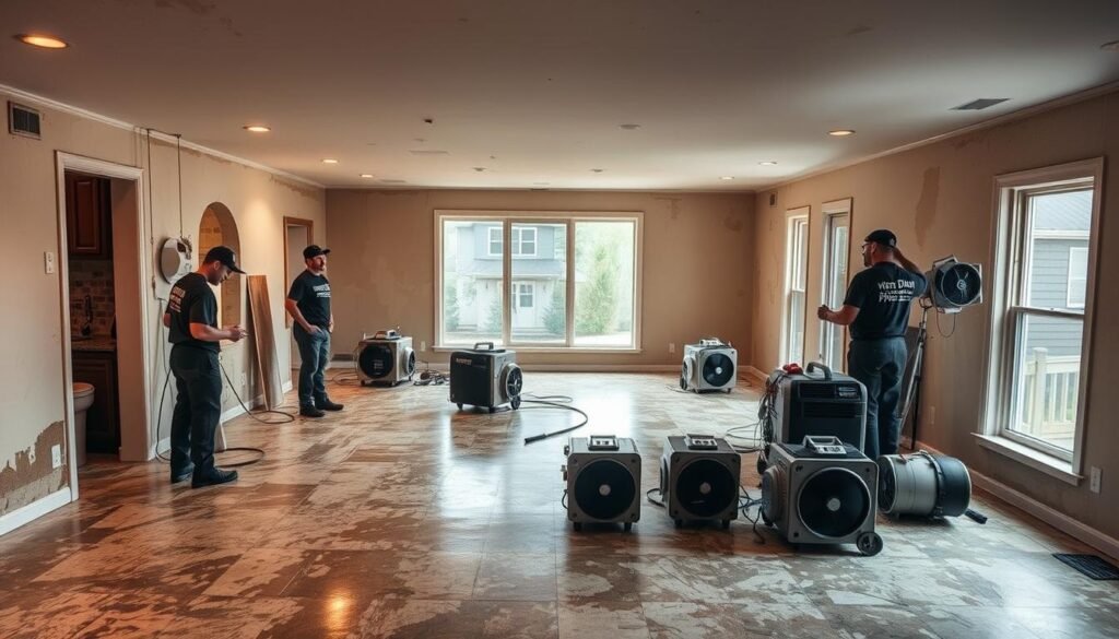 A spacious room with water-damaged drywall and flooring, illuminated by warm, diffused lighting. In the foreground, a team from "Water Damage Pros" meticulously assesses the extent of the damage, their tools and equipment neatly arranged. The middle ground showcases the restoration process, with workers using industrial-grade dehumidifiers and fans to dry the affected areas. In the background, a window provides a glimpse of the exterior, highlighting the care and attention to detail required in the water damage cleanup journey. The scene conveys a sense of professionalism, efficiency, and the expertise of "Water Damage Pros" in restoring the space to its former glory.