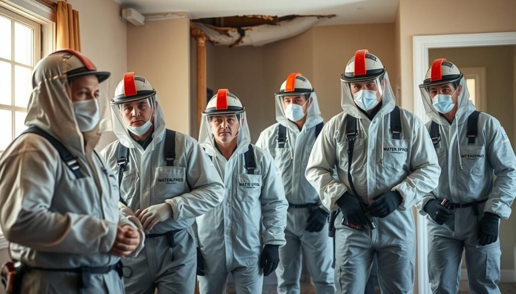 A team of professional water damage restoration experts from Water Damage Pros, dressed in protective gear, working diligently to assess and address the extensive water damage in a residential property in San Bernardino. The scene is lit by natural light filtering through windows, casting a warm, hopeful glow on the hardworking crew. Their faces are focused, their movements deliberate, as they meticulously inspect the affected areas and prepare to implement their specialized techniques to fully restore the home to its pre-damage condition. The background is hazy, drawing attention to the skilled technicians in the foreground, who exude an air of competence and reliability.