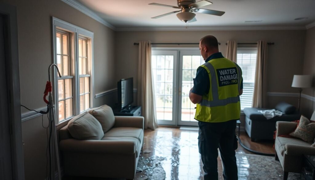 A water damage restoration expert from "Water Damage Pros" examines the effects of flooding in a residential property. The professional, dressed in a safety vest and protective gear, carefully inspects the damaged walls, floors, and furniture, assessing the extent of the water intrusion. Soft, diffused natural light filters through the windows, casting a somber, thoughtful atmosphere. The scene conveys a sense of careful evaluation and problem-solving, as the pro determines the appropriate restoration steps to mitigate the water damage and return the home to its pre-loss condition.